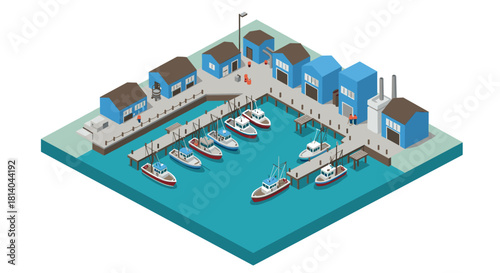Isometric harbor scene with fishing boats and coastal buildings in blue tones