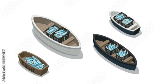 Isometric boats with fish baskets on white background