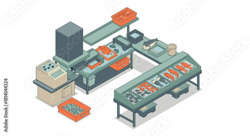 Isometric fish market stall with fresh seafood display and processing area