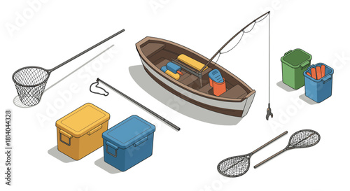 Isometric fishing equipment set with boat and gear for outdoor adventure