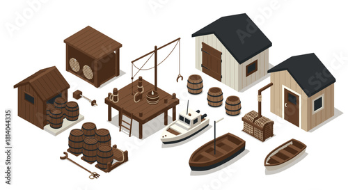 Isometric fishing harbor with boats, barrels, and sheds in a nautical setting