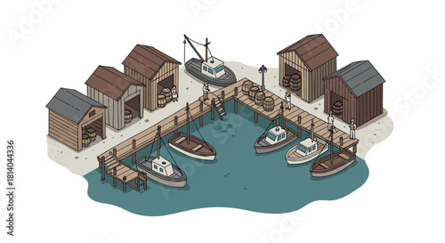 Isometric harbor scene with fishing boats and wooden sheds in calm waters