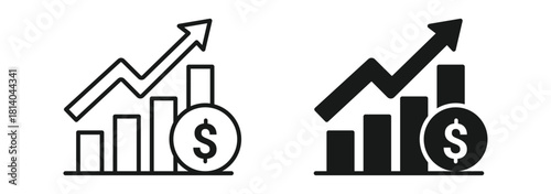 Growth chart with dollar sign icon set in outline and silhouette style, representing finance, investment, and business growth, vector illustration.