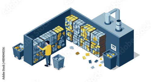 Isometric warehouse sorting worker organizing products in industrial facility