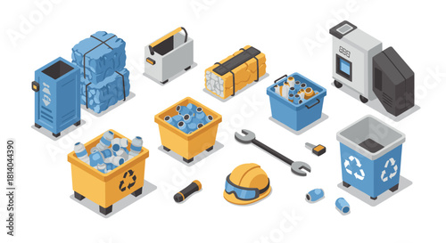 Isometric recycling and waste management equipment set with bins and tools