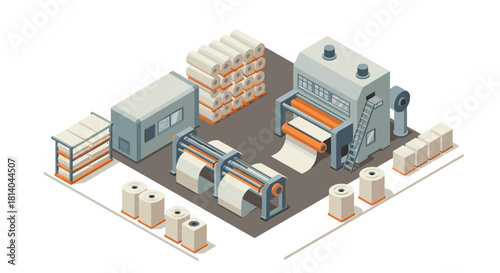Modern paper manufacturing facility with automated machines and raw material storage in isometric design