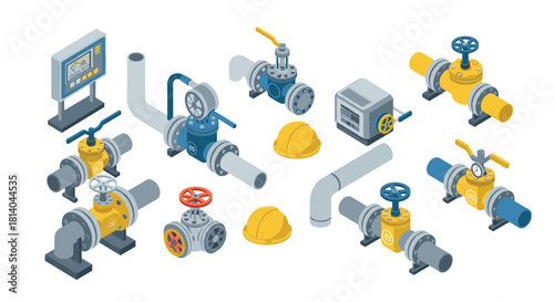 Isometric industrial pipeline components with valves and safety equipment
