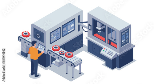 Isometric factory automation with engineer operating industrial machinery