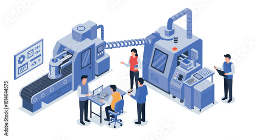 Industrial machines and workers in conversation with advanced manufacturing technology