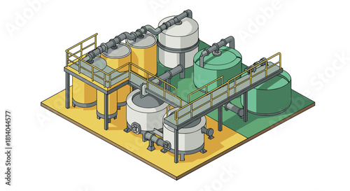 Isometric industrial plant design with tanks and pipelines