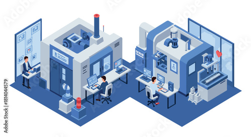 Isometric smart factory design with modern industrial process and automation