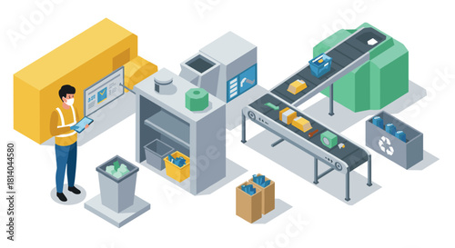Isometric recycling process with automated conveyor system and waste management