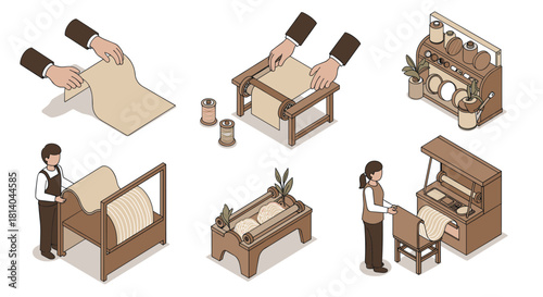 Isometric papermaking process with characters and equipment in vintage style