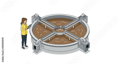 Isometric wastewater treatment plant with female engineer monitoring process