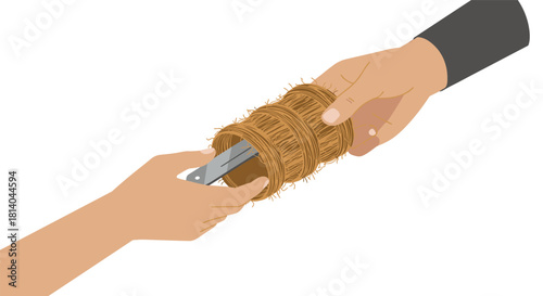 Exchanging of traditional indian knife with coconut coir cover in modern flat style