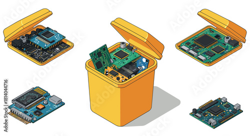Ewaste management disposing circuit boards in a yellow bin isometric style