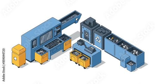 Modern isometric recycling plant with advanced waste sorting machines