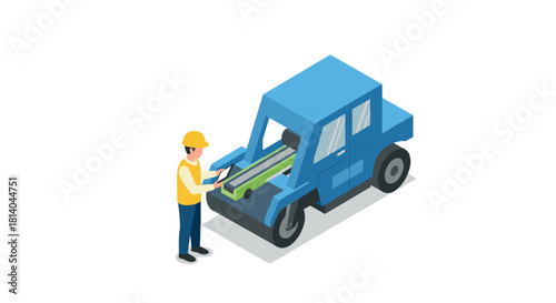 Isometric tractor repair scene with engineer in safety gear inspecting machinery