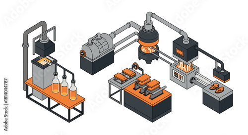 Isometric factory assembly line with industrial machines and bottling process