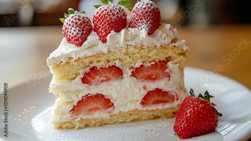 Perfect slice of fresh strawberry shortcake layered with sweet whipped cream and dusted with powdered sugar on a white plate.