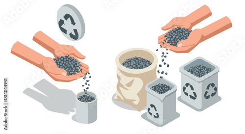 Ecofriendly recycling process isometric hands sorting and distributing materials