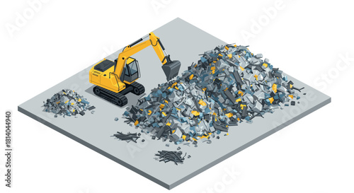 Isometric excavator on construction site with pile of rubble