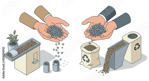 Recycling process isometric illustration with hands holding gravel and machines