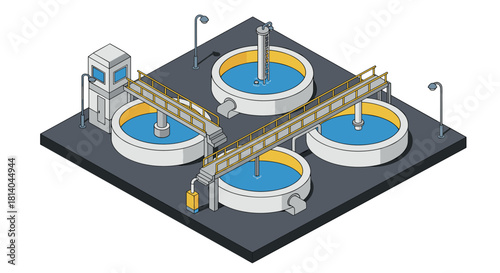 Isometric urban wastewater treatment plant with circular tanks