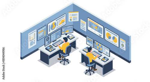 Isometric office workspace with data analysis and dual monitors