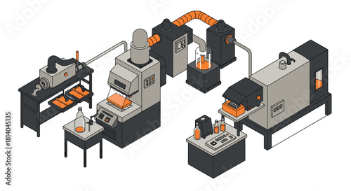 Modern isometric factory assembly line with industrial machines