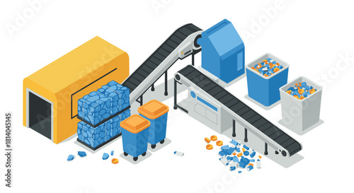 Waste management and recycling process with conveyor belts and sorting bins in isometric style