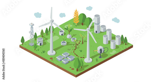 Isometric sustainable energy farm with wind turbines and solar panels on green landscape