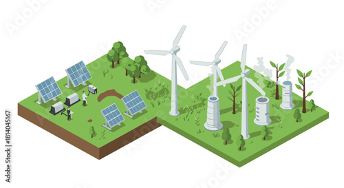 Sustainable energy systems isometric concept featuring solar panels and wind turbines