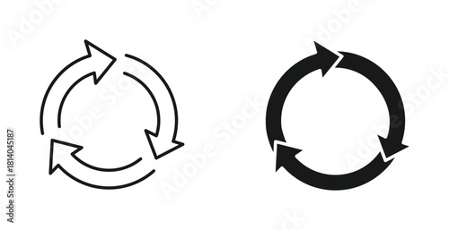 Recycling arrows icon set in outline and silhouette style, representing reuse, sustainability, and eco-cycle, vector illustration.