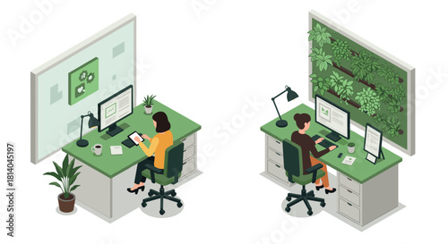 Isometric office workspace with greenery and technology  modern desk setup