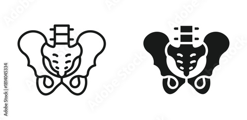 Pelvis and reproductive system icon set in outline and silhouette style, representing gynecology, anatomy, and medical care, vector illustration.