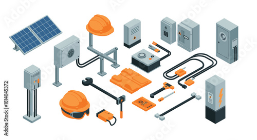 Isometric industrial equipment set with tools and safety gear