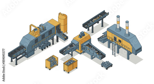 Isometric factory machinery set with conveyor belts and storage units