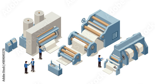 Isometric paper production machinery with engineers in industrial setting