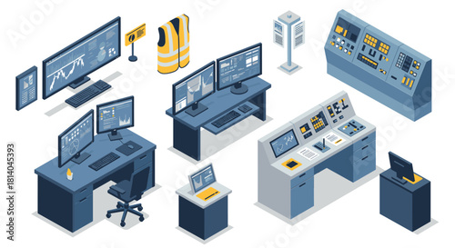 Isometric control room equipment with monitors, desks, and safety gear for industrial settings