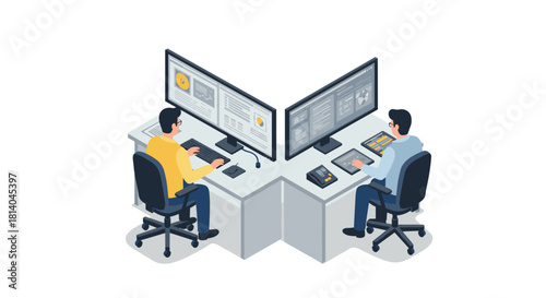 Two people working at dual monitors in office desk setup, isometric workspace design