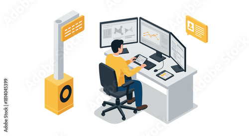 Isometric office scene with analyst at multimonitor workstation