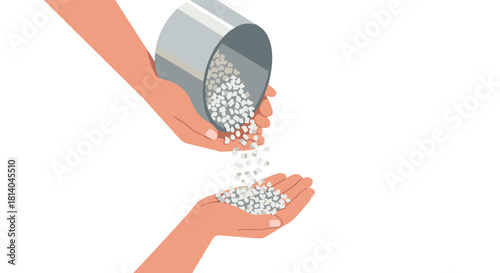 Hands pouring gravel from metal container in minimalist flat design