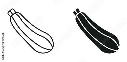 Zucchini icon set in outline and silhouette style, representing fresh produce, vegetables, and cooking ingredients, vector illustration.