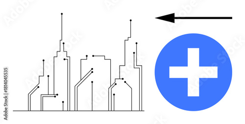 Technology concept. Technology ed in a futuristic cityscape with circuits and a blue plus symbol. Technology drives urban development and modern healthcare. Great for innovation, smart cities
