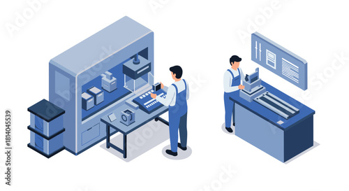 Isometric factory workspace with engineers operating cnc machines