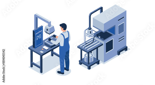 Isometric 3d graphic of a worker operating modern cnc machine in a hightech manufacturing facility