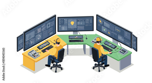 Modern isometric control room with technicians at work
