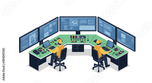 Isometric control room with operators at workstations monitoring multiple screens and equipment