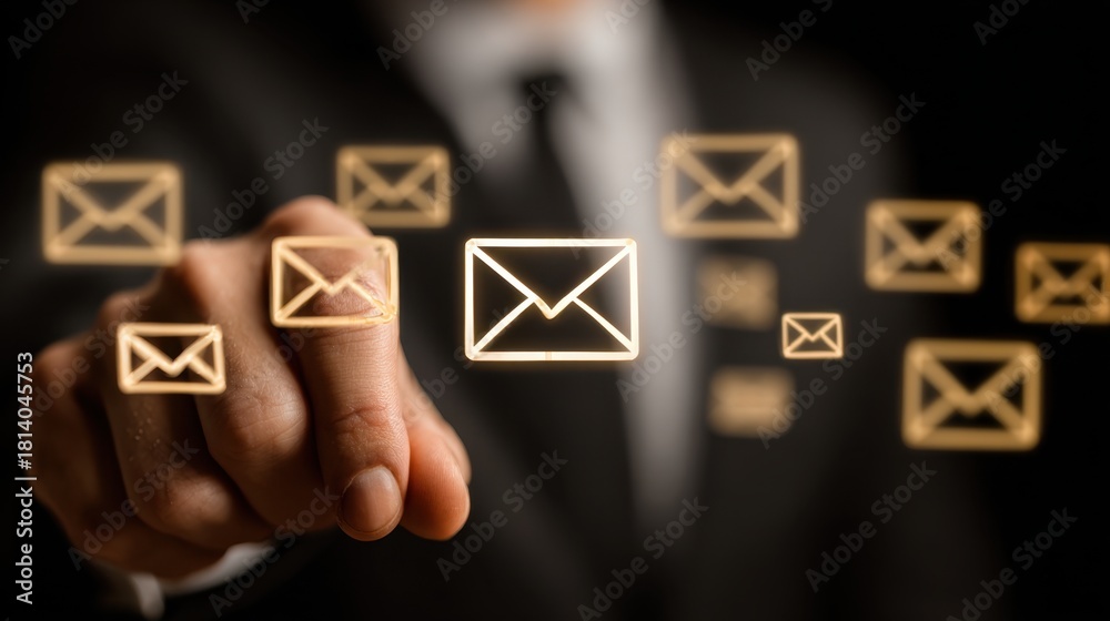 Obraz premium Businessman sends Emails to Clients and Manages Contacts on Laptop for Business Projects